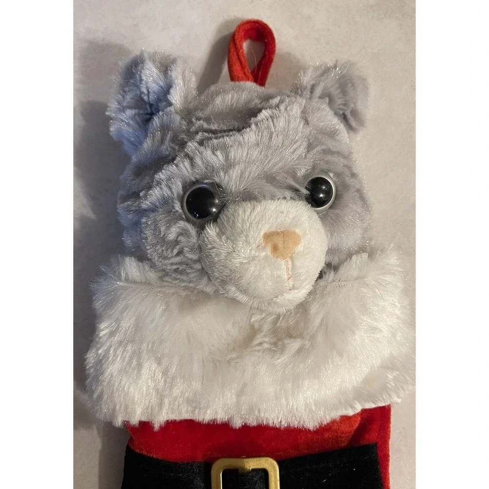 Vintage Plush Cat Christmas Stocking Black Santa Belt